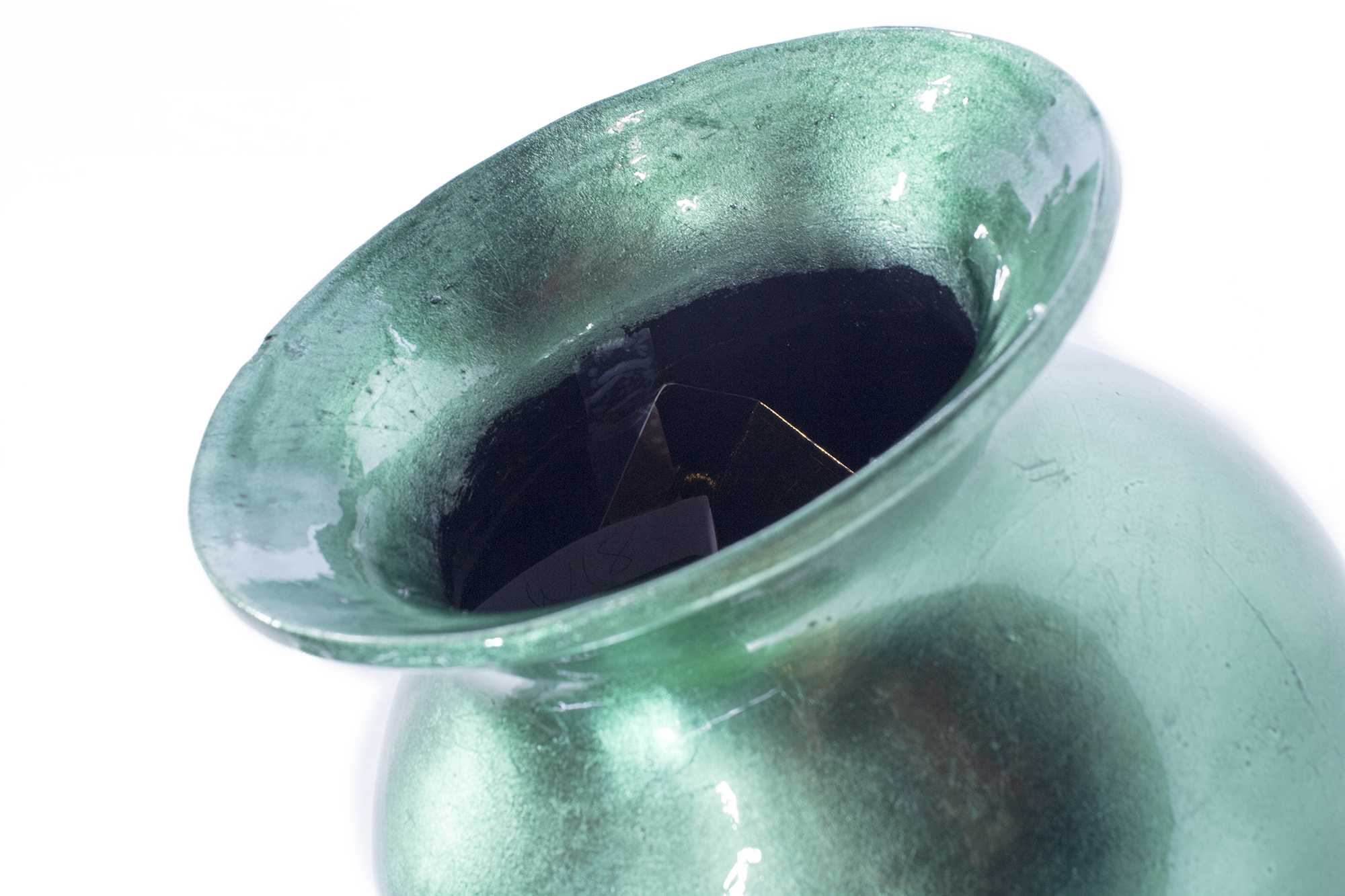 12.75" X 12.75" X 30.75" Turquoise And Gold Ceramic Ombre Lacquered Ceramic Vase