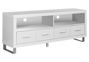 15.75" x 60" x 23.75" White Silver Particle Board Hollow Core Metal TV Stand With 4 Drawers