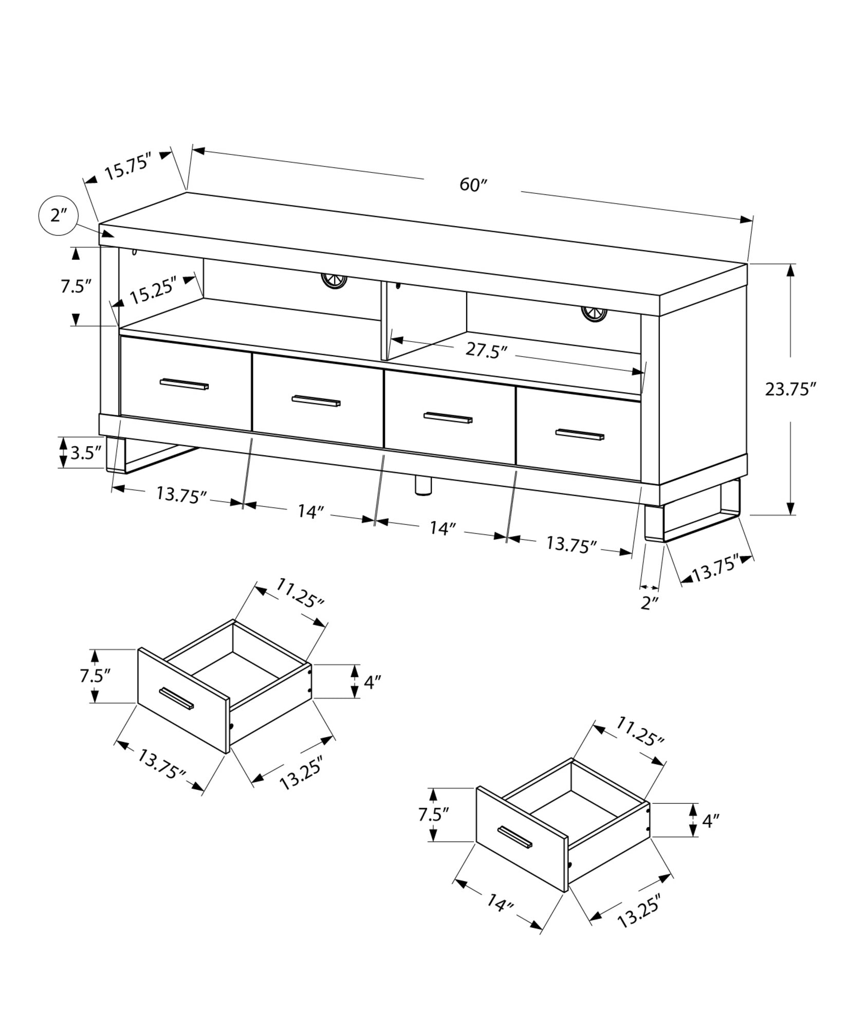 15.75" x 60" x 23.75" White Silver Particle Board Hollow Core Metal TV Stand With 4 Drawers
