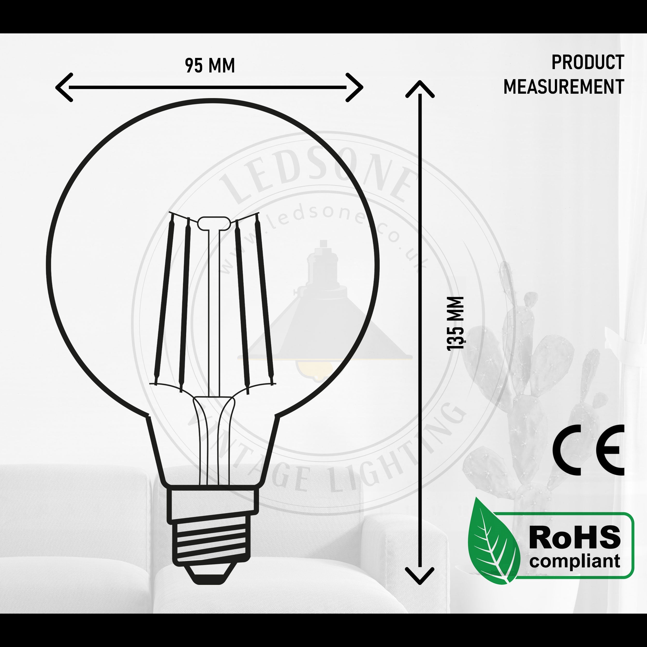 G95 4W LED Edison Bulb E26 Dimmable LED Filament Vintage Light Bulb~1046-2