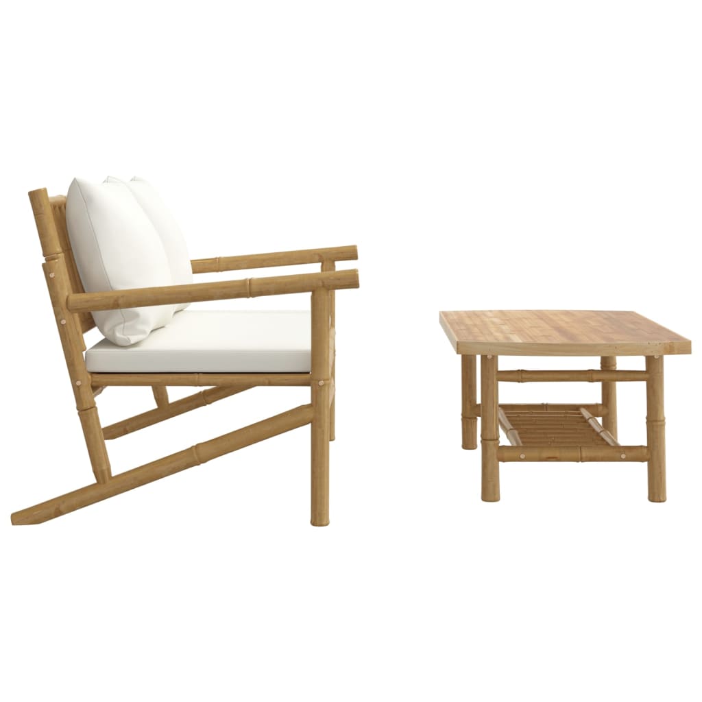 vidaXL 2 Piece Patio Lounge Set with Cream White Cushions Bamboo-2