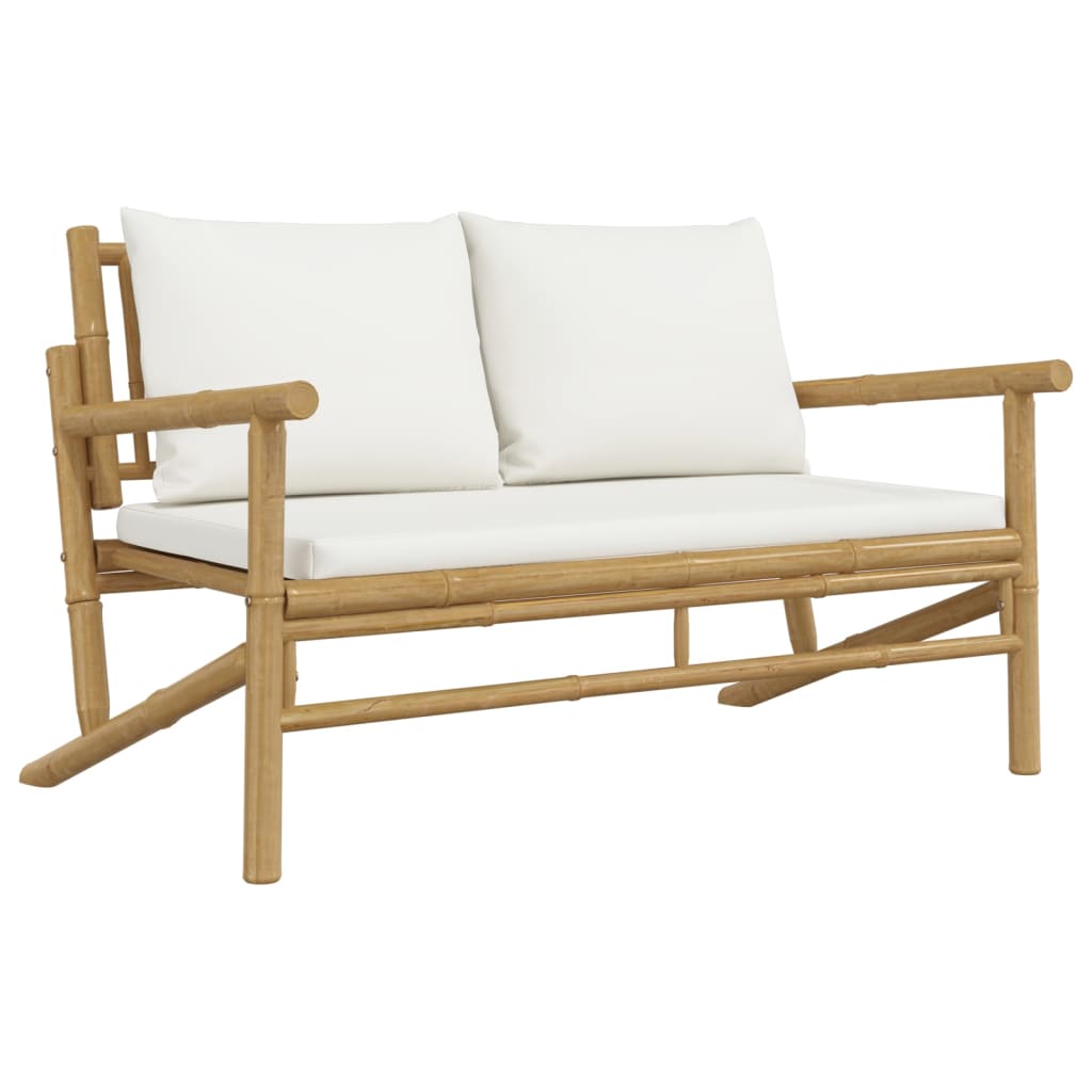 vidaXL 2 Piece Patio Lounge Set with Cream White Cushions Bamboo-3