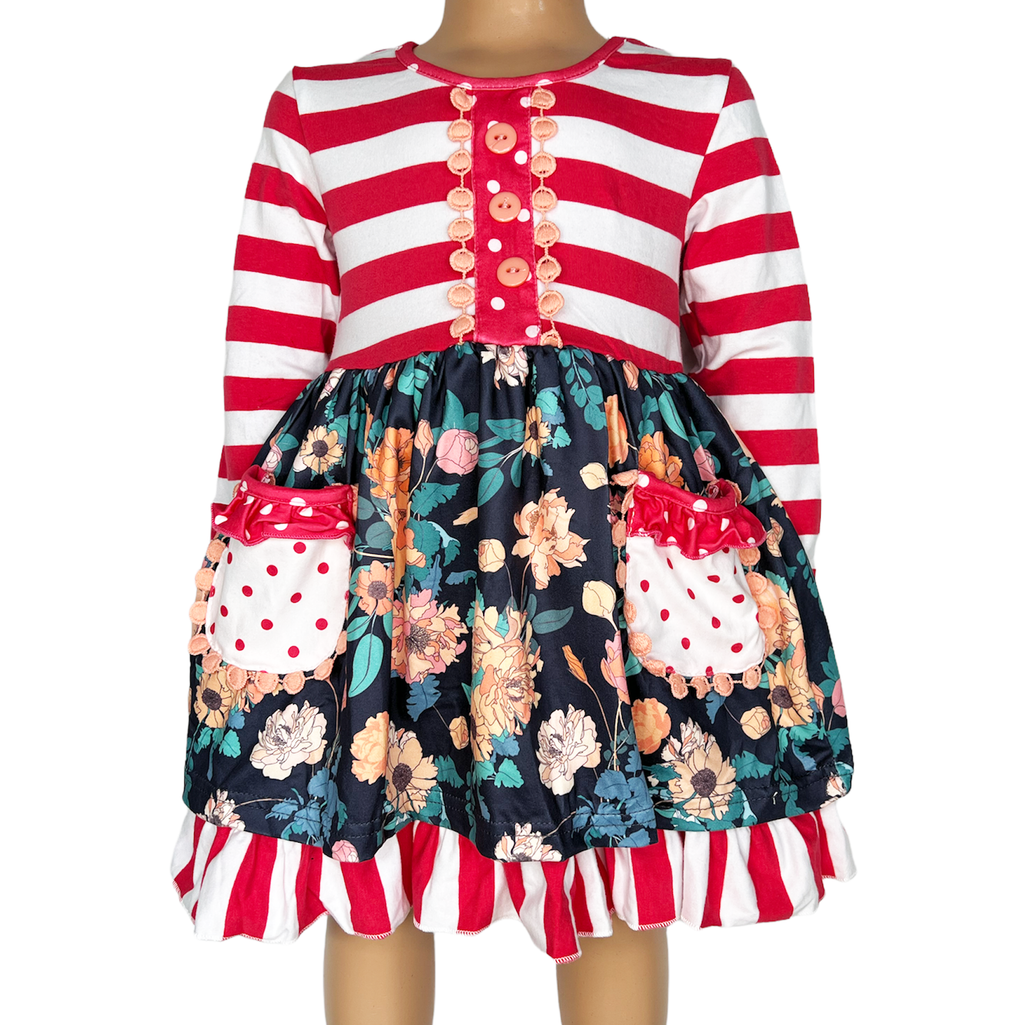 Girls Boutique Red Floral Striped Ruffled Holiday Dress - 99fab 