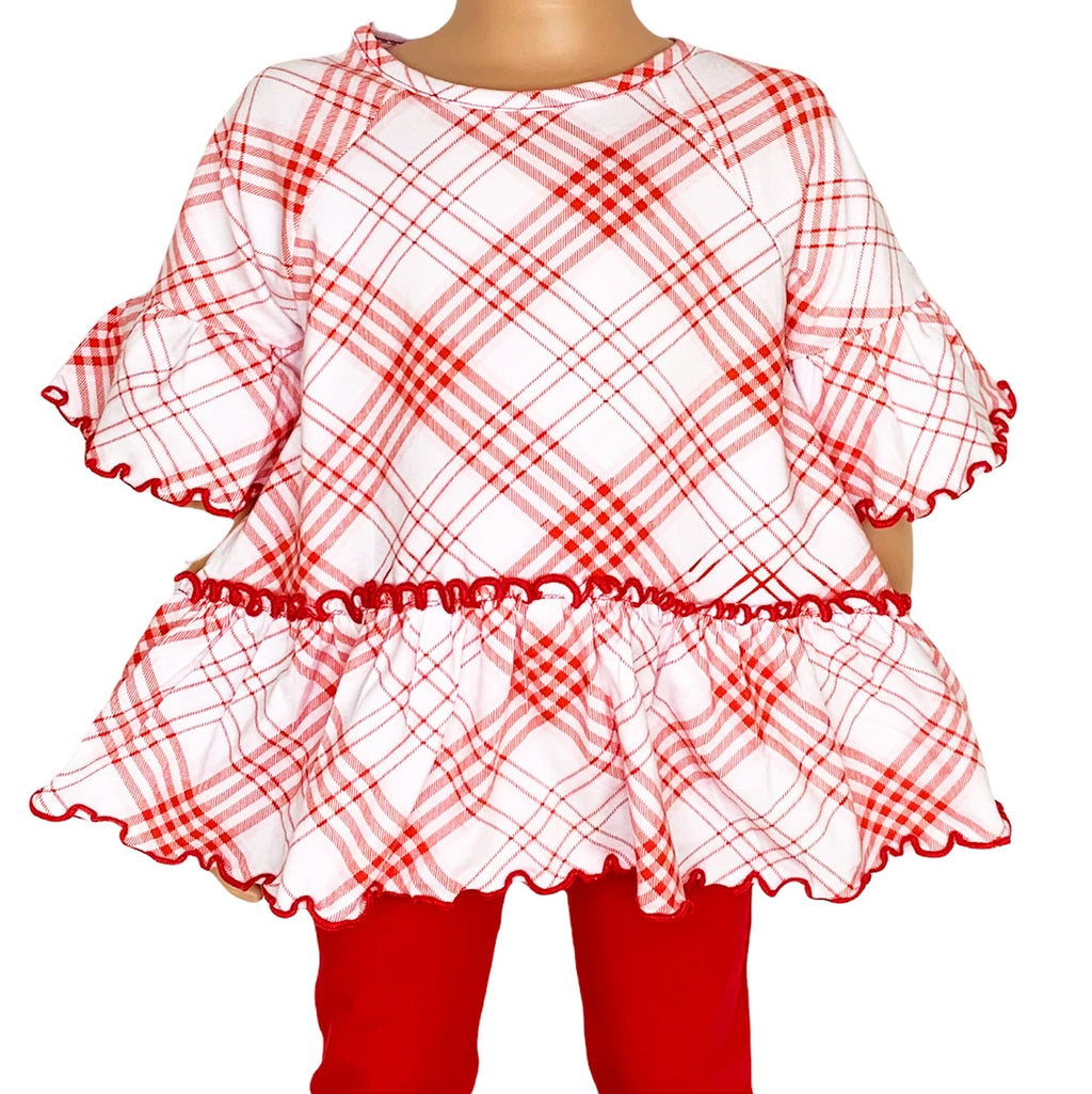 Little & Big Girls 3/4 Angel Sleeve Red Plaid Cotton Knit Ruffle Shirt - 99fab 