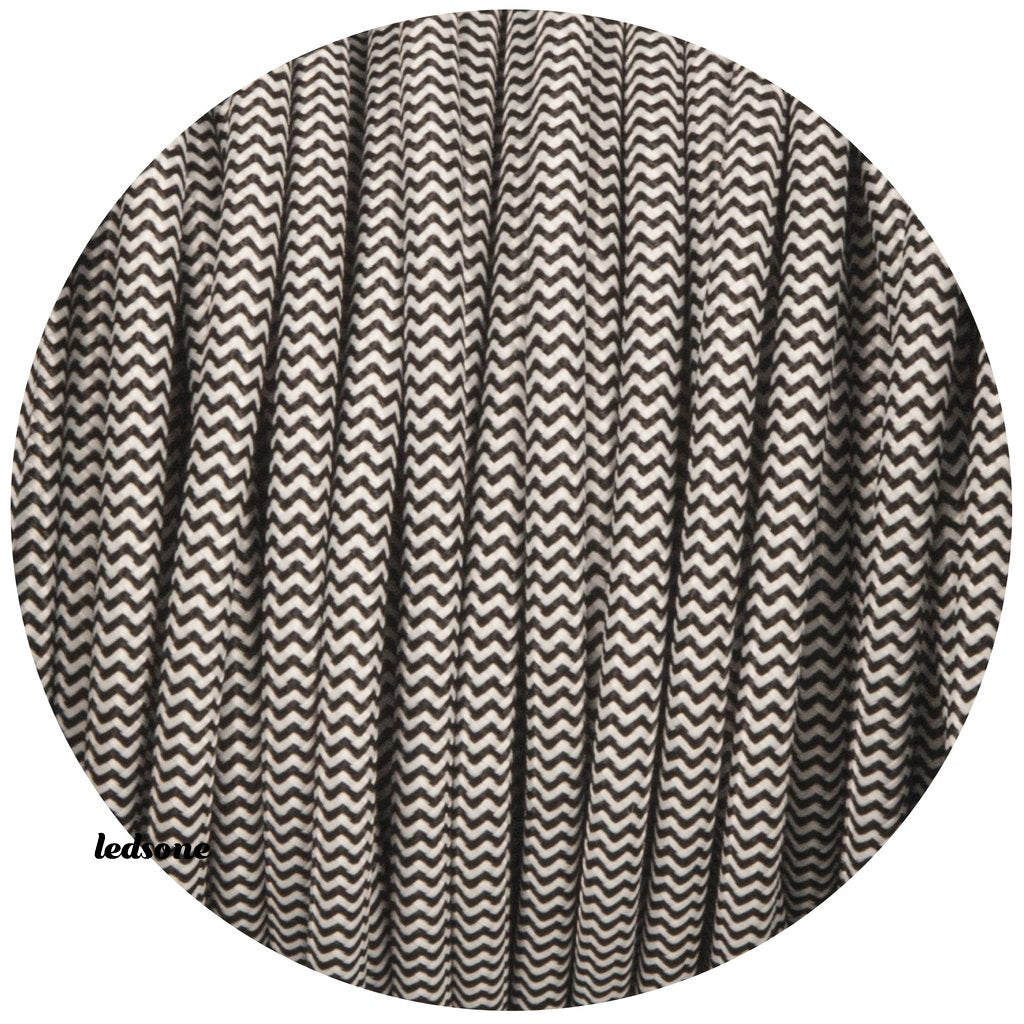 18 Gauge 3 Conductor Round Cloth Covered Wire Braided Light Cord Black & White~1200-0