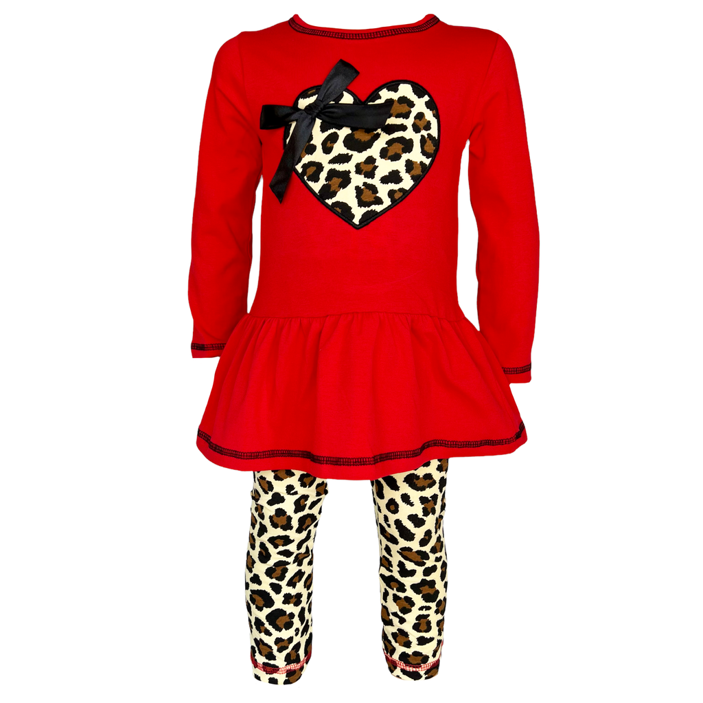 Girls Winter Leopard Heart Holiday Dress Tunic & Leggings Set Outfit - 99fab 