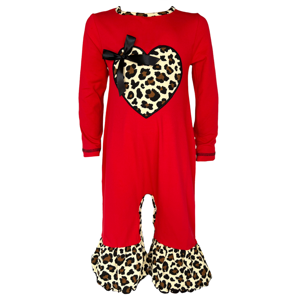 Baby Girls Leopard Valentines Holiday Heart Romper Outfit One Piece - 99fab 