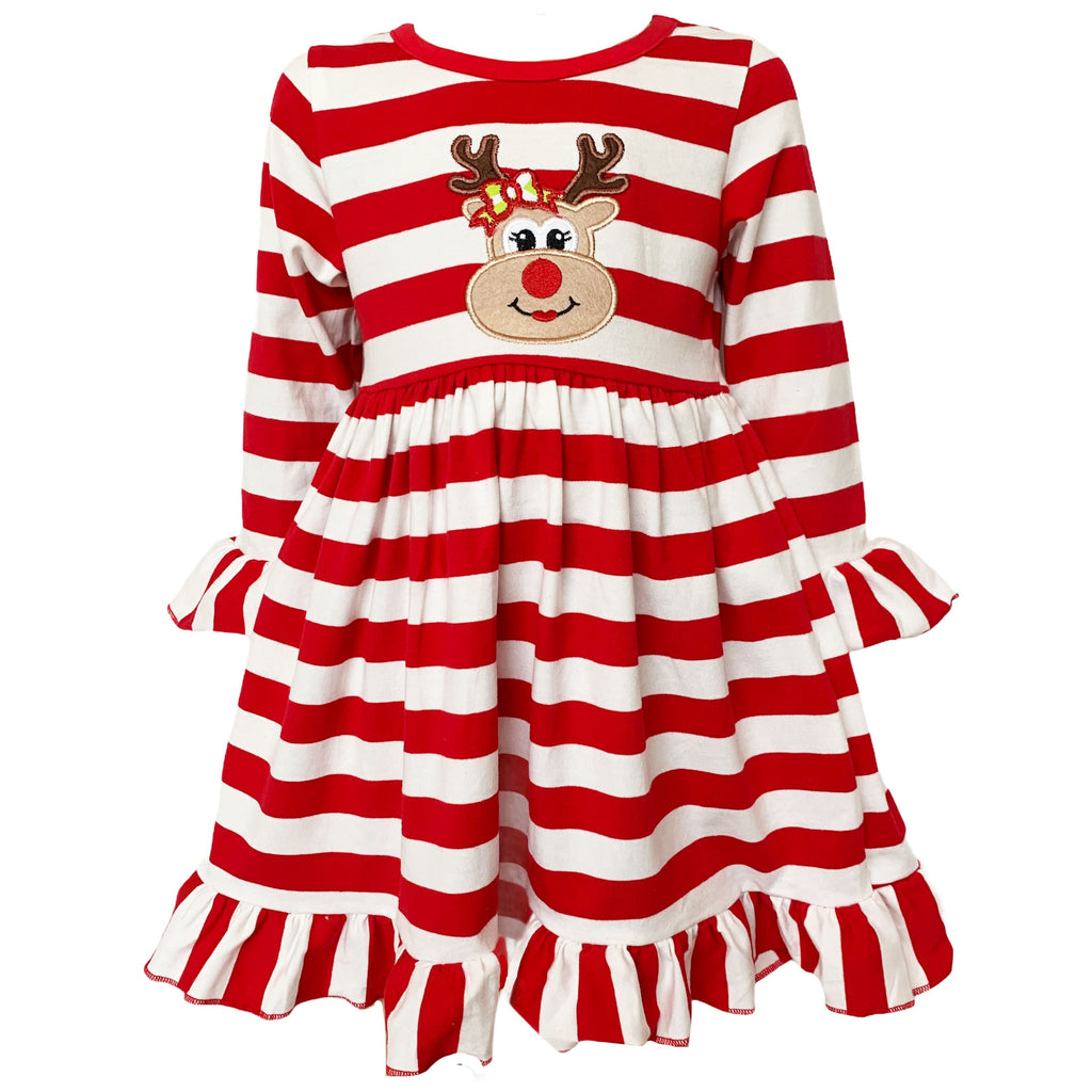 Girls Boutique Red Stripe Christmas Rudolf the Reindeer Swing Dress - 99fab 