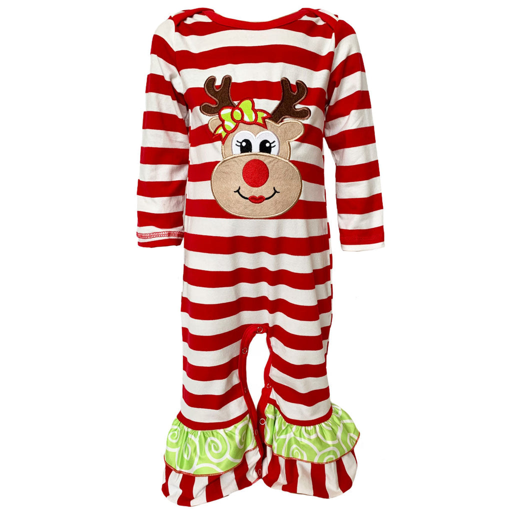 Baby/Toddler Girls Boutique Christmas Reindeer Red Striped Romper - 99fab 