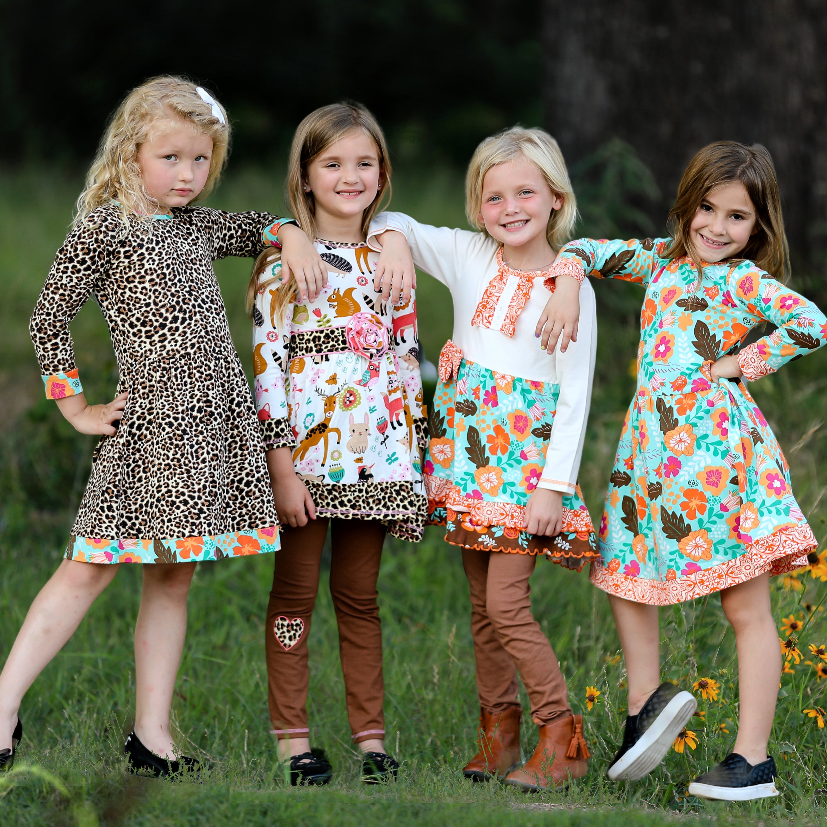 Little & Big Girls Long Sleeve Leopard Rose Fall Floral Dress Boutique Sizes 2/3T - 9/10
