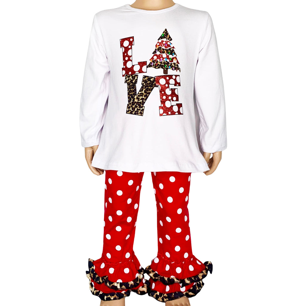 AL Limited Girls LOVE Christmas Top & Red Polka Dot Ruffle Pants Set - 99fab 