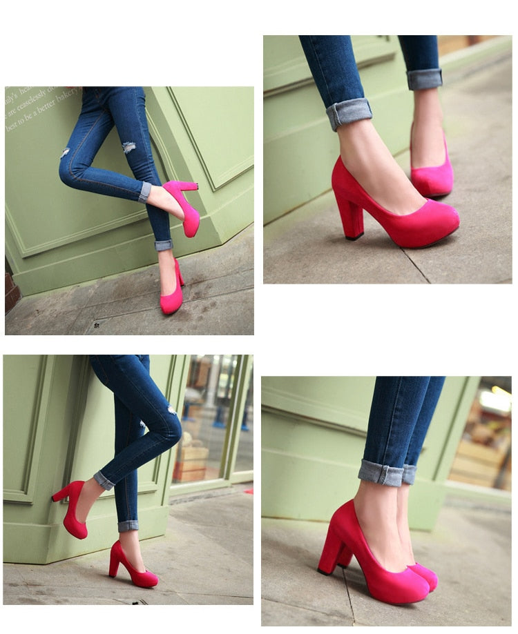 Women Pumps Fashion Shallow Thick High Heels Round Toe Shoes