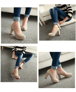 Women Pumps Fashion Shallow Thick High Heels Round Toe Shoes