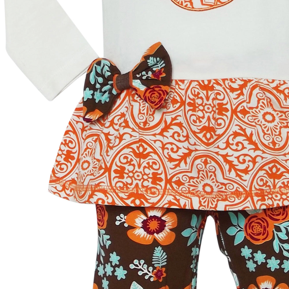 Big Girls Orange Pumpkin Autumn Floral Thanksgiving Tunic & Ruffle Pants Outfit-2