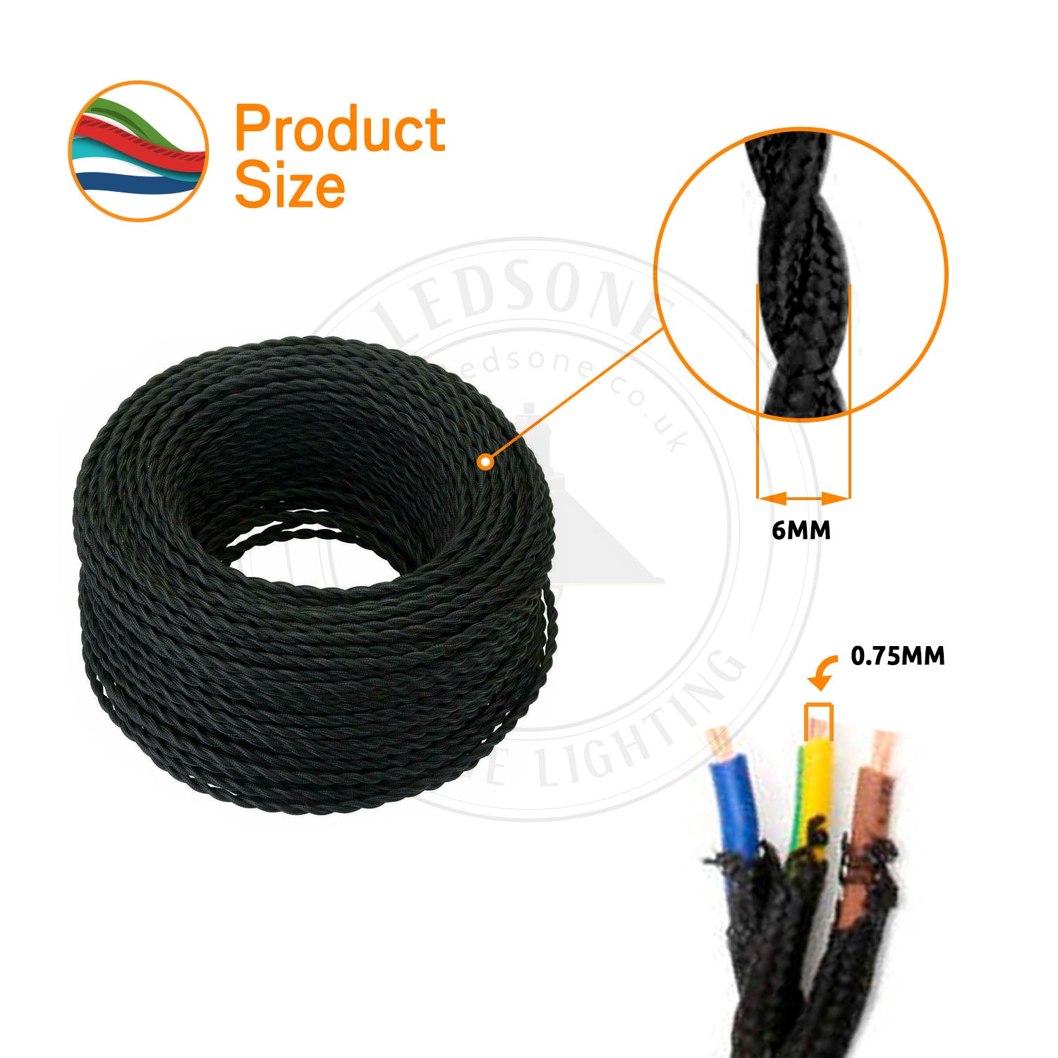 3 Core Electrical Twisted Cable Fabric Flex Orange~2103-2