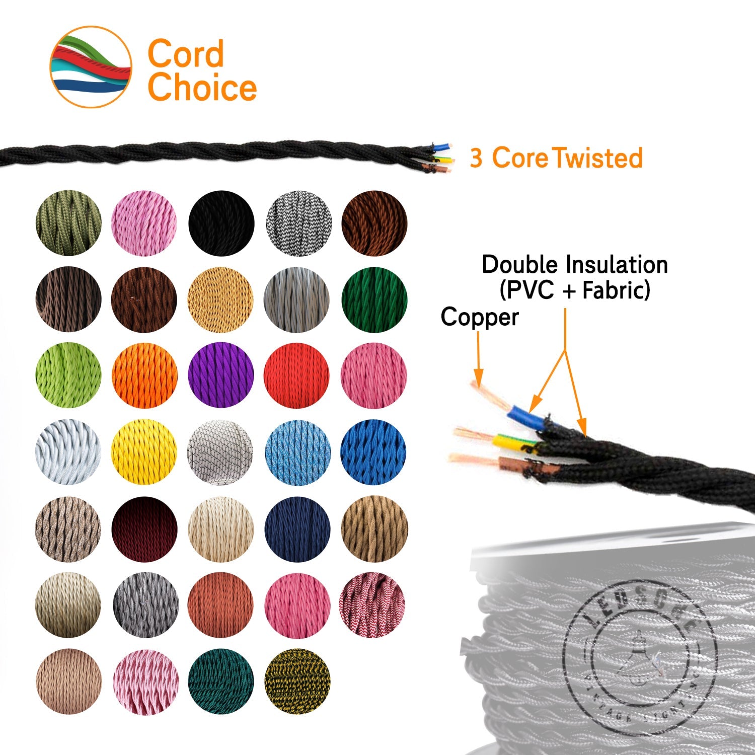 3 Core Twisted 0.75mm Fabric Cable Rose Gold~2098-8