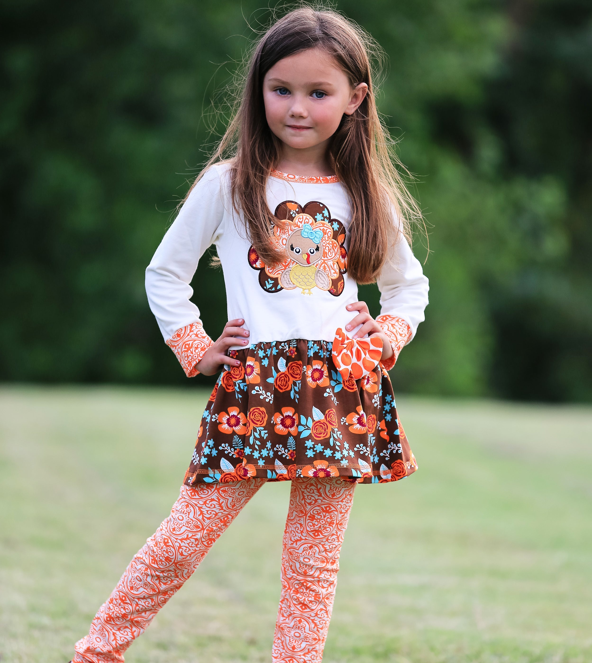 AnnLoren Big Little Girls Autumn Floral Turkey Tunic & Leggings Holiday Clothes-2
