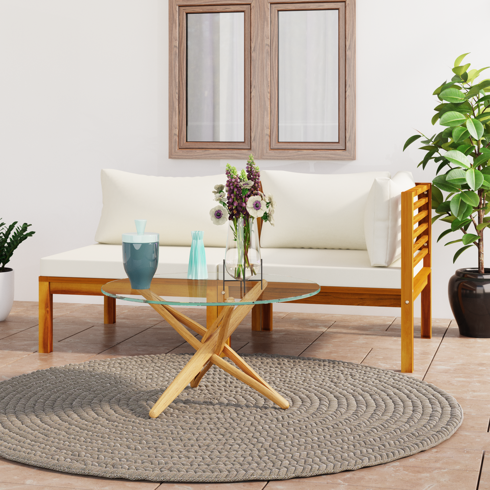 vidaXL 2 Piece Sofa Set with Cream White Cushions Solid Acacia Wood-3