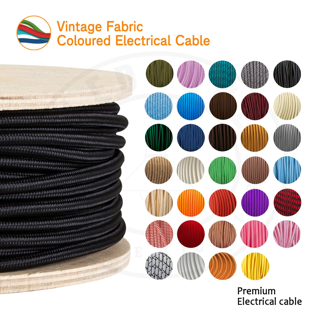 Vintage 3core Electric round cable covered with coloured fabric~1619-0