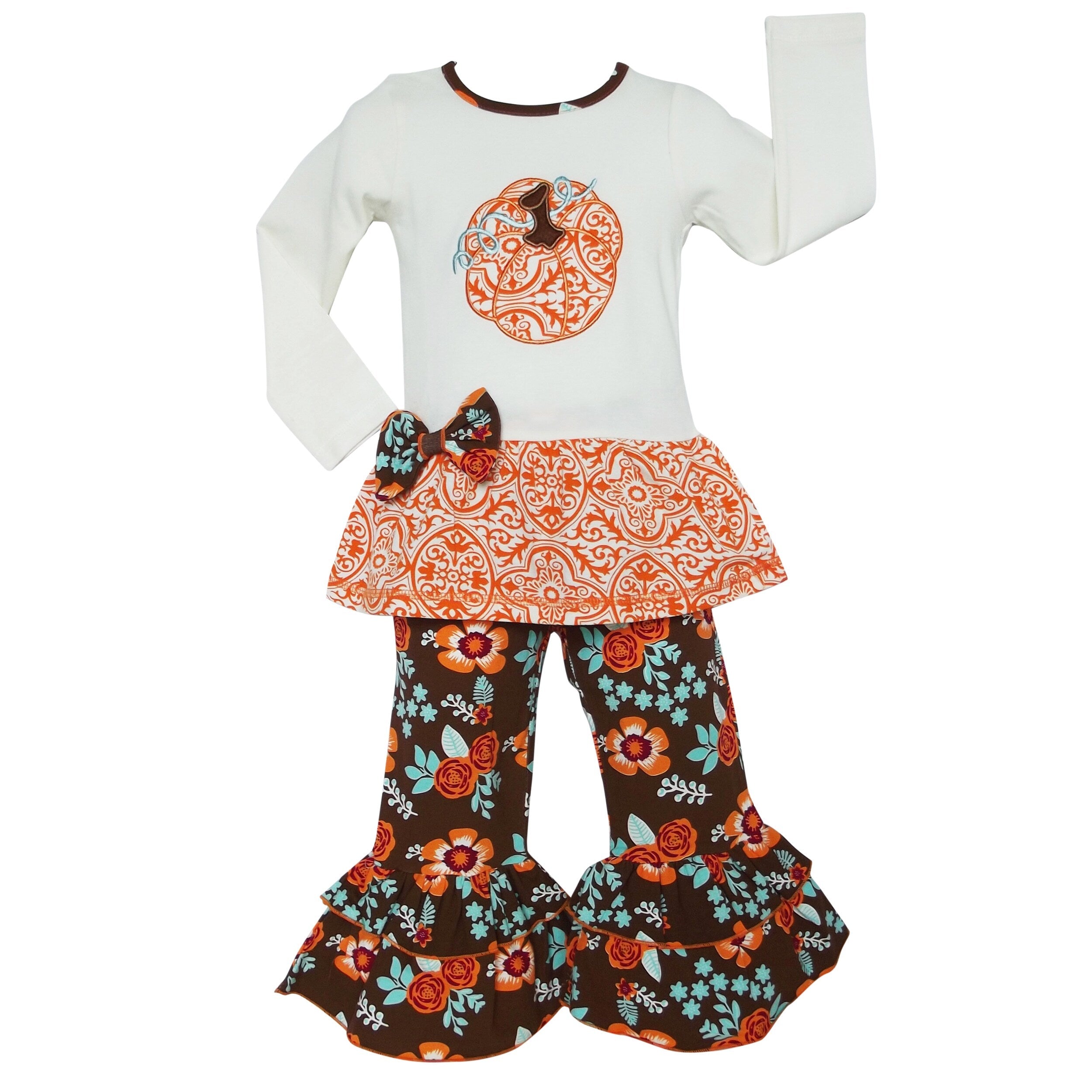 Big Girls Orange Pumpkin Autumn Floral Thanksgiving Tunic & Ruffle Pants Outfit-0