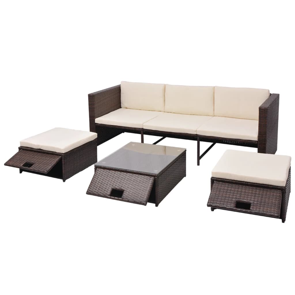 vidaXL Patio Lounge Set 4 Piece with Cushions Poly Rattan Seat Black/Brown-3