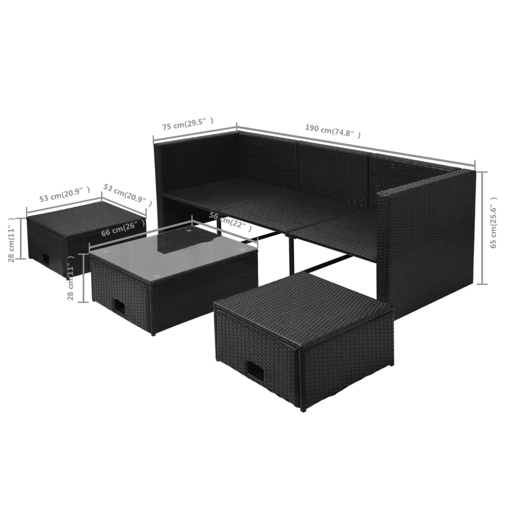 vidaXL Patio Lounge Set 4 Piece with Cushions Poly Rattan Seat Black/Brown-6