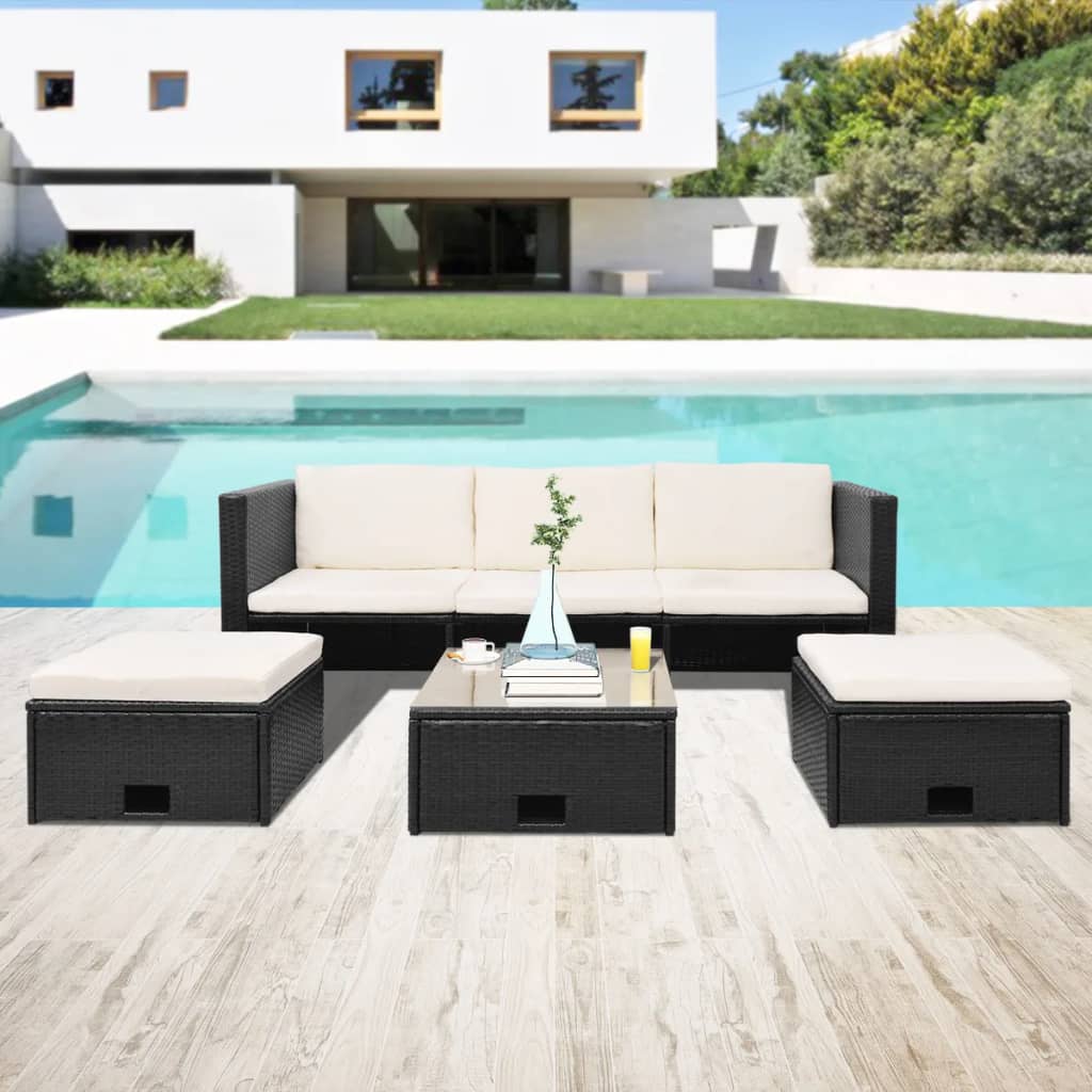 vidaXL Patio Lounge Set 4 Piece with Cushions Poly Rattan Seat Black/Brown-0