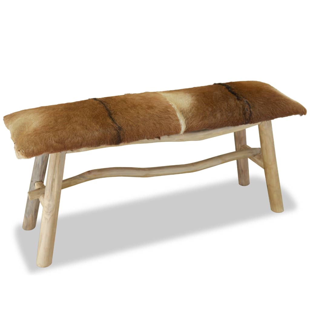 vidaXL Bench Real Leather Teak-2