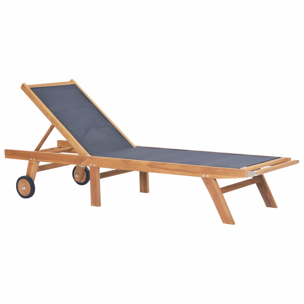 vidaXL Folding Sun Lounger with Wheels Solid Teak and Textilene-0