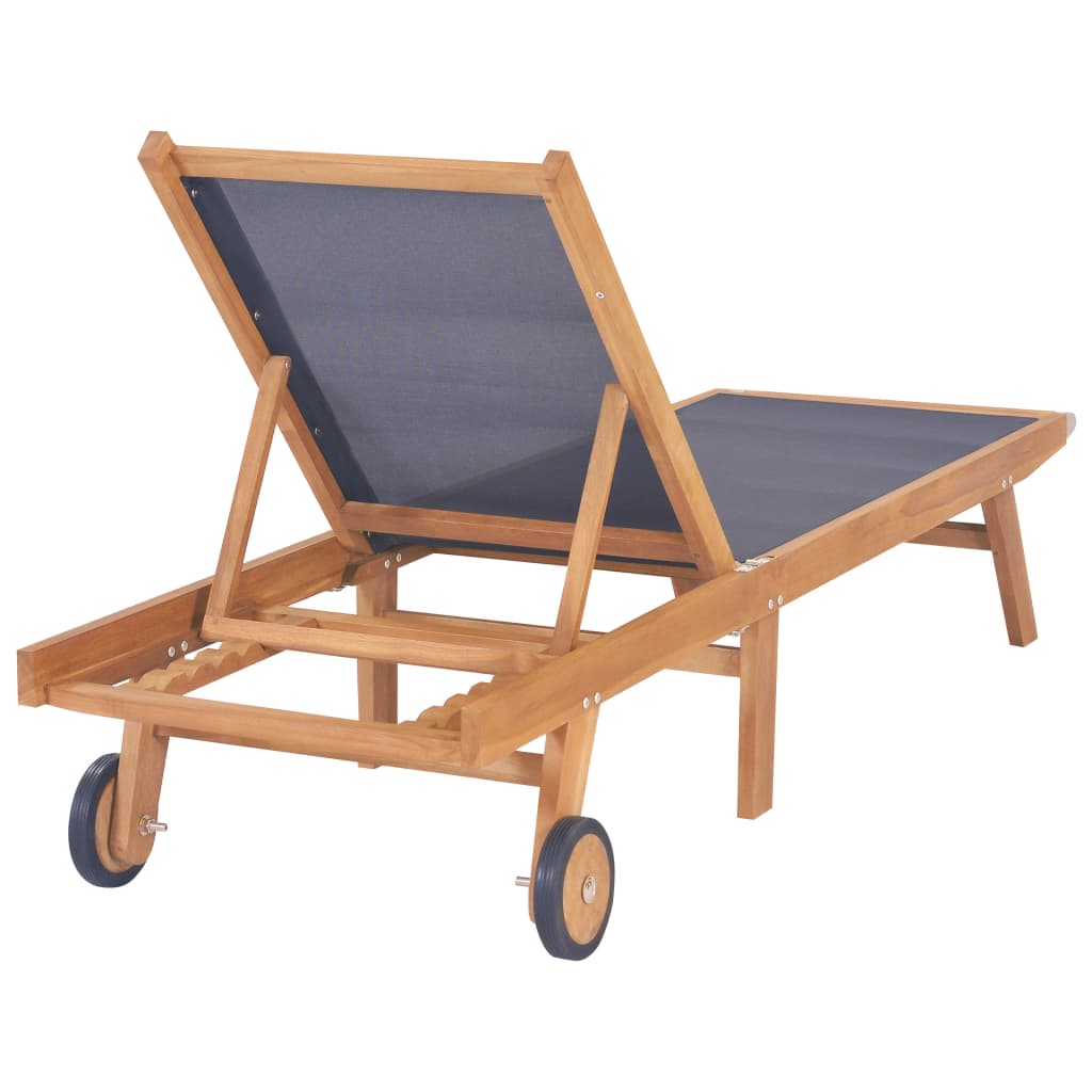 vidaXL Folding Sun Lounger with Wheels Solid Teak and Textilene-3