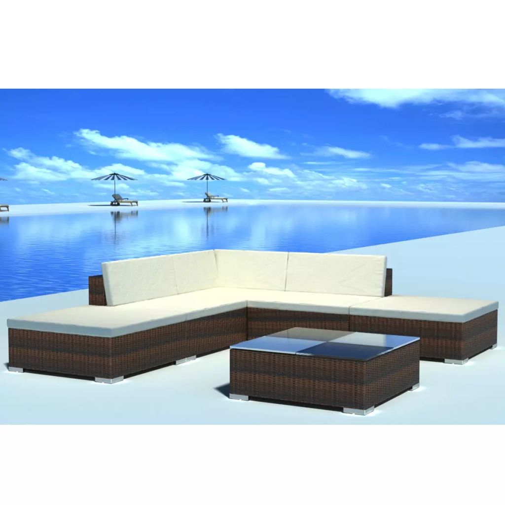 vidaXL Patio Furniture Set 6 Piece Patio Sectional Sofa with Table Poly Rattan-0