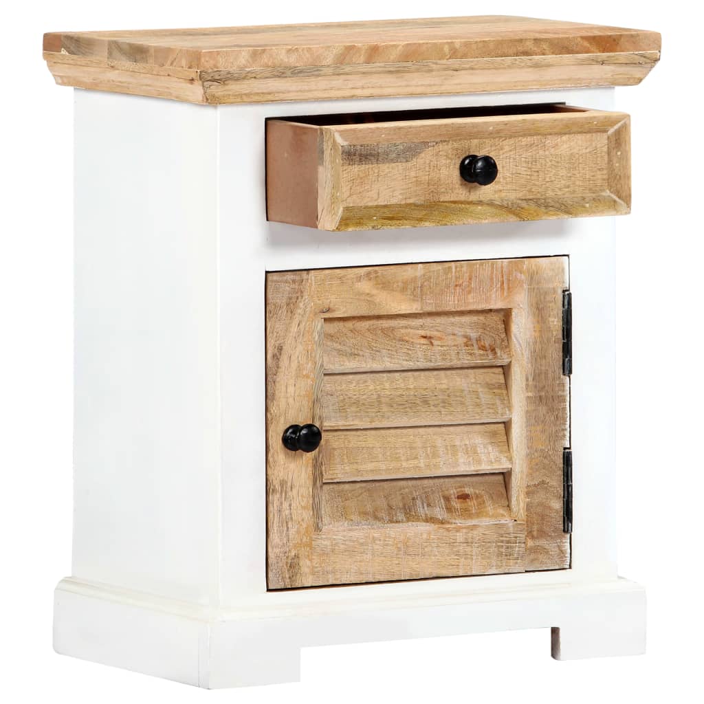 vidaXL Nightstand White and Brown 15.7"x11.8"x19.6" Solid Rough Mango Wood-3