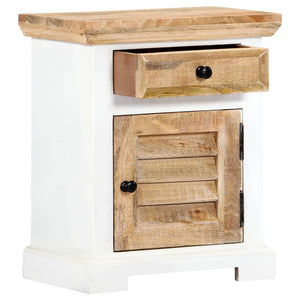 vidaXL Nightstand White and Brown 15.7"x11.8"x19.6" Solid Rough Mango Wood-3