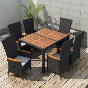 vidaXL Patio Dining Set 7 Piece Dining Table Set Poly Rattan Acacia Wood Black-0