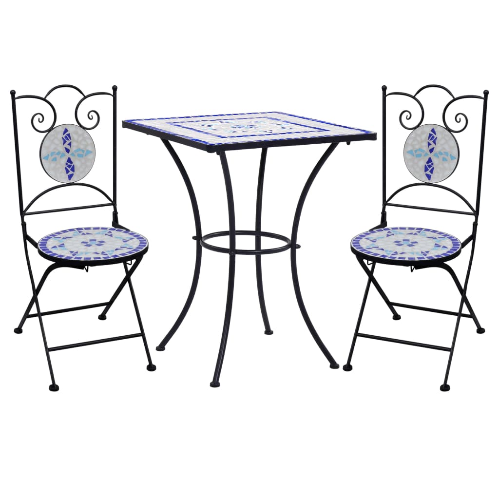 vidaXL 3 Piece Mosaic Bistro Set Ceramic Tile Blue and White-1