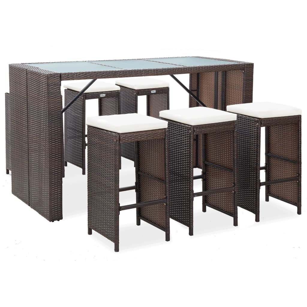 vidaXL 7 Piece Patio Bar Set with Cushions Poly Rattan Brown-15