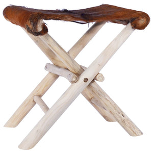 vidaXL Folding Stool Real Leather and Solid Teak Wood-0