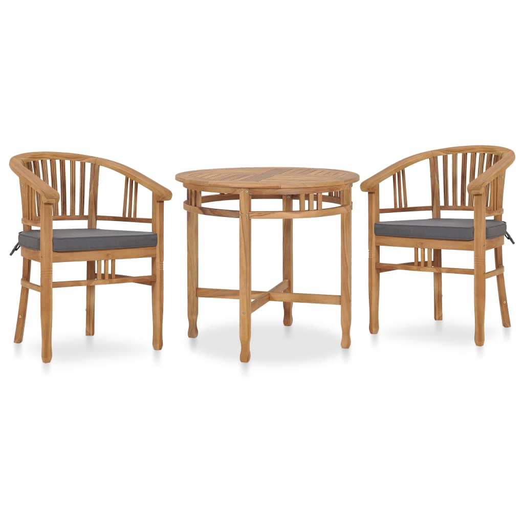 vidaXL Solid Teak Wood Garden Dining Set 3 Piece with White/Gray Cushions-8