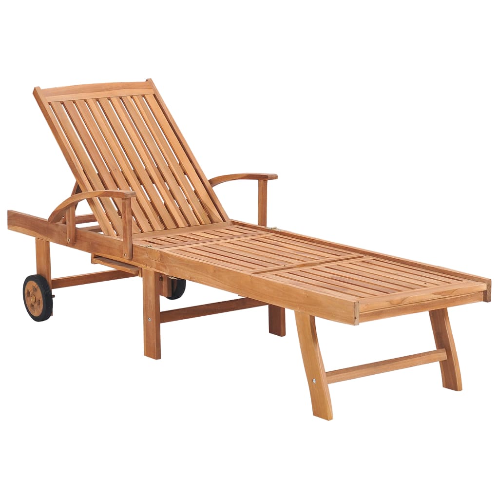 vidaXL Sun Lounger with Red Check Pattern Cushion Solid Teak Wood-0