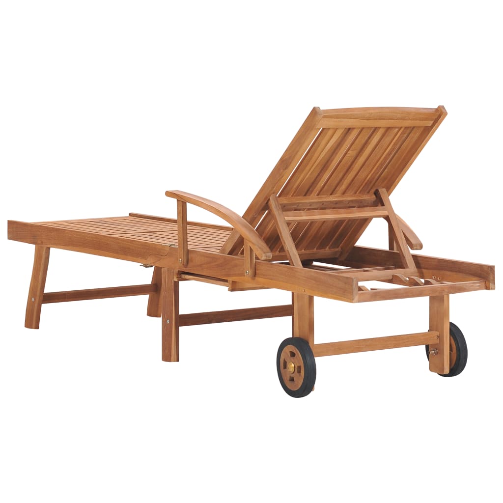 vidaXL Sun Lounger with Red Check Pattern Cushion Solid Teak Wood-4