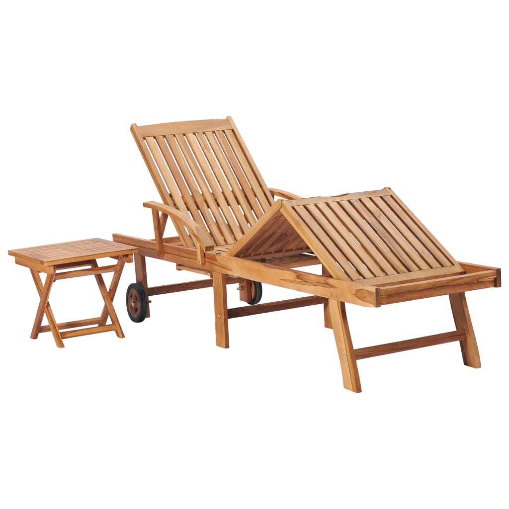 vidaXL Sun Lounger with Table and Cushion Solid Teak Wood-2