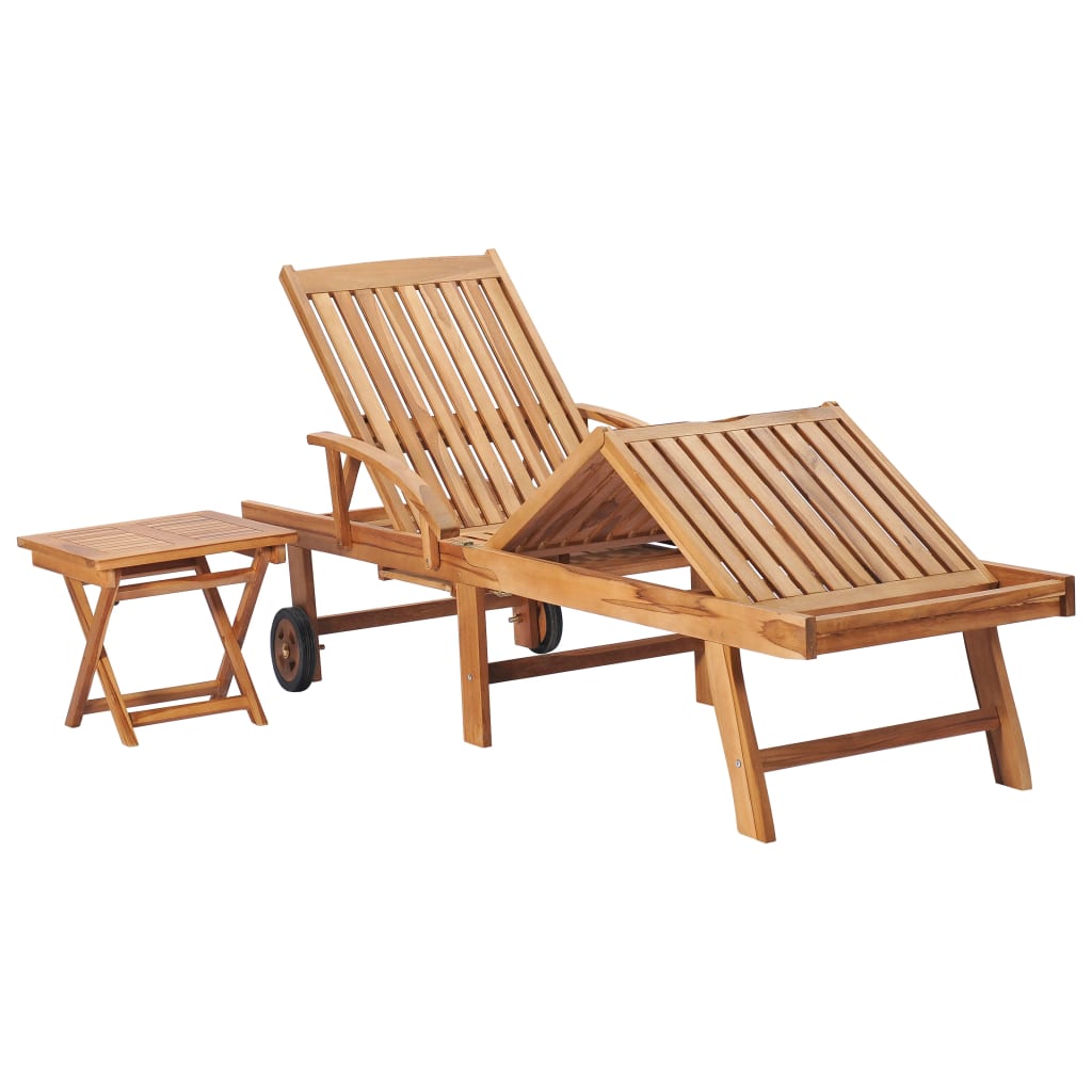 vidaXL Sun Lounger with Table and Cushion Solid Teak Wood-0