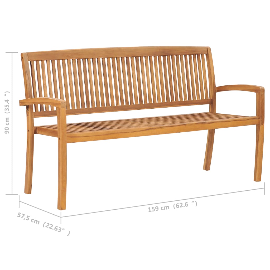 vidaXL Outdoor Patio Bench Stacking Patio Bench with Cushion Solid Wood Teak-8