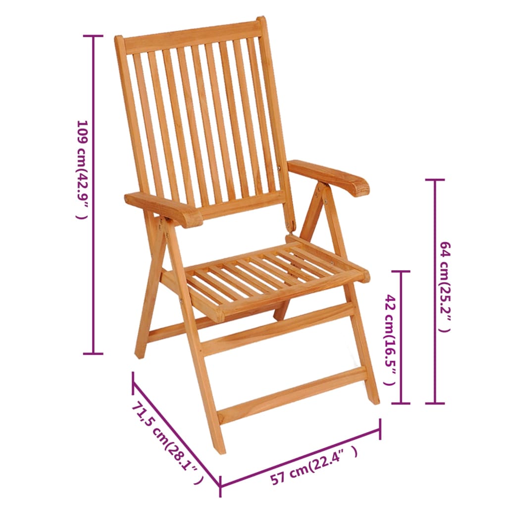 vidaXL Outdoor Recliner Chairs Patio Reclining Lounge Chair Solid Wood Teak-32