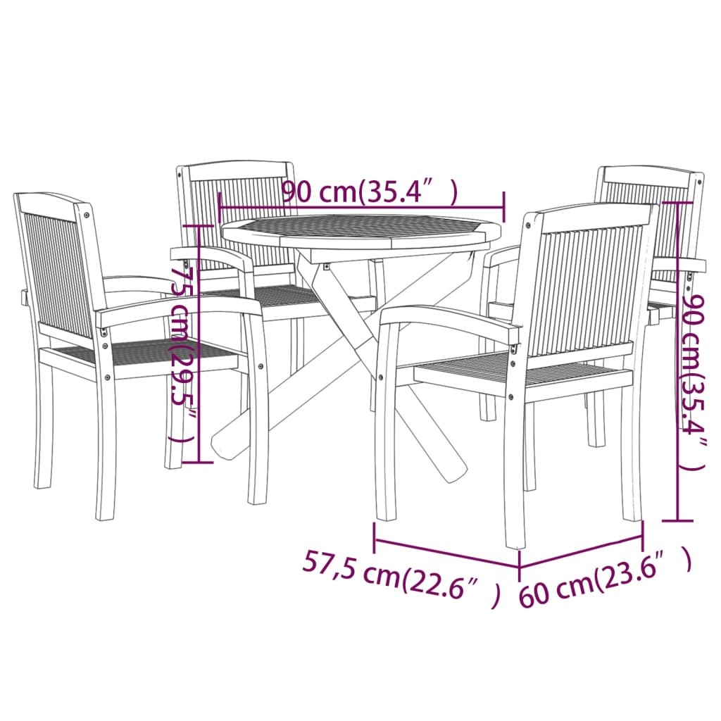 vidaXL Solid Wood Teak Patio Dining Set 5 Piece Seat Ø 35.4"/Ø 43.3'' Table-10