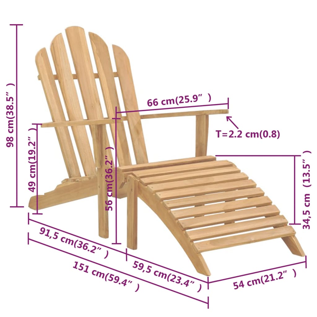 vidaXL Folding Adirondack Chair Patio Lawn Chair with Footrest Solid Wood Teak-8