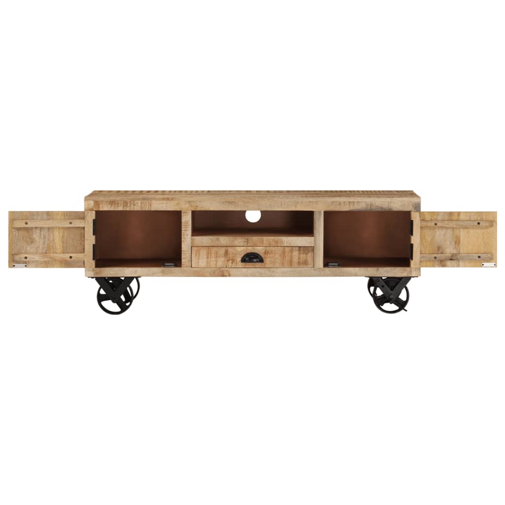 vidaXL TV Stand with Wheels 43.3"x11.8"x14.6" Rough Mango Wood-5