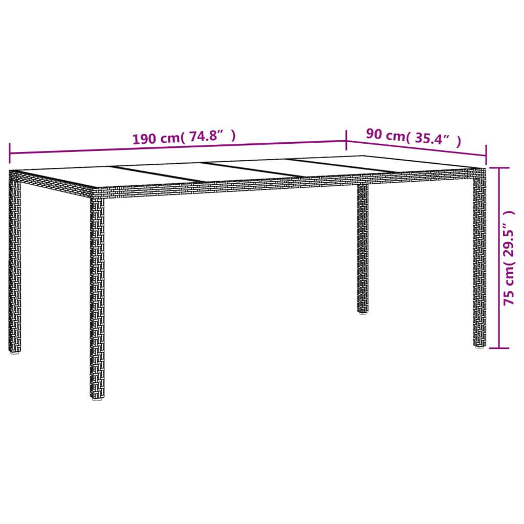 vidaXL Patio Table 74.8" Tempered Glass and Poly Rattan Table Multi Colors-13