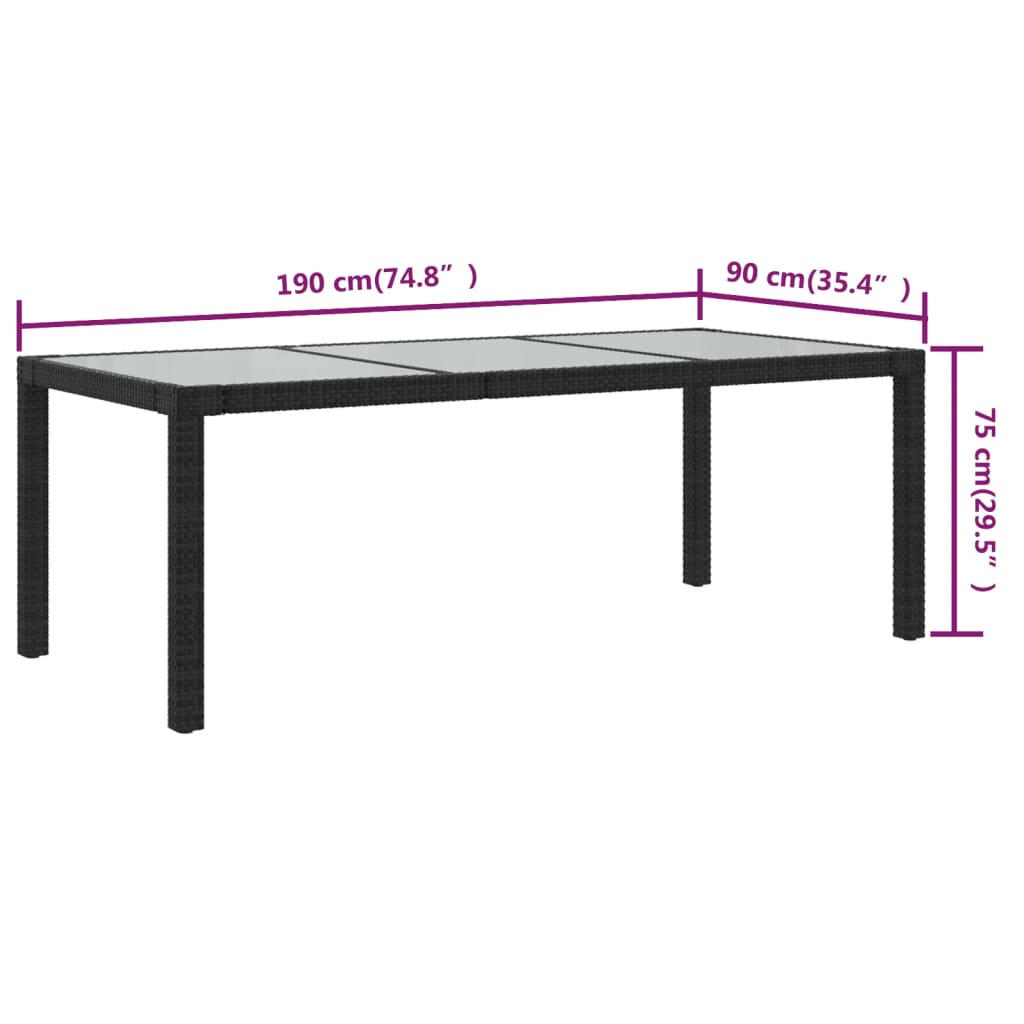 vidaXL Patio Table 74.8" Tempered Glass and Poly Rattan Table Multi Colors-7