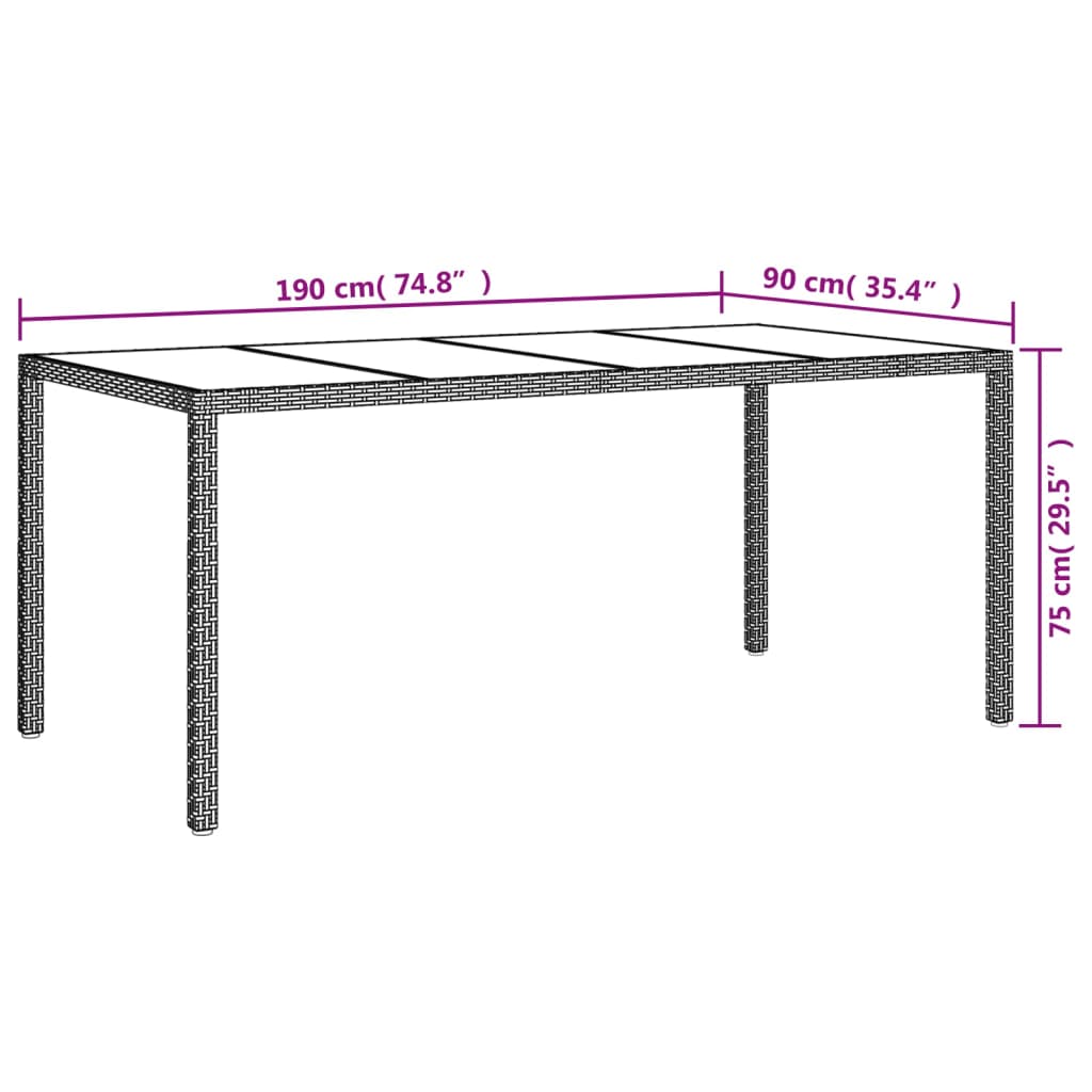 vidaXL Patio Table 74.8" Tempered Glass and Poly Rattan Table Multi Colors-18